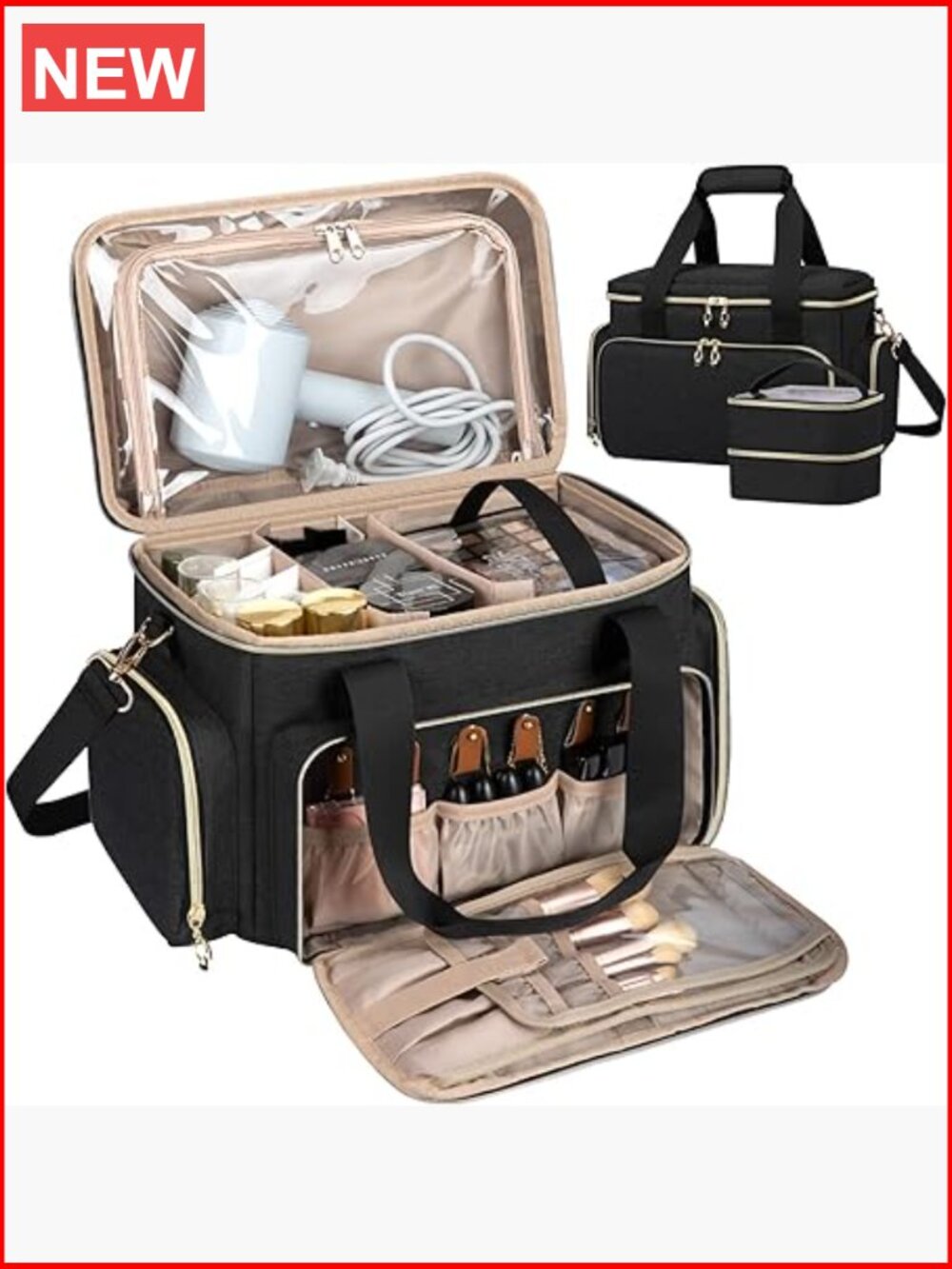 Large Travel Makeup Bag with Removable Pouches & Dividers Nylon